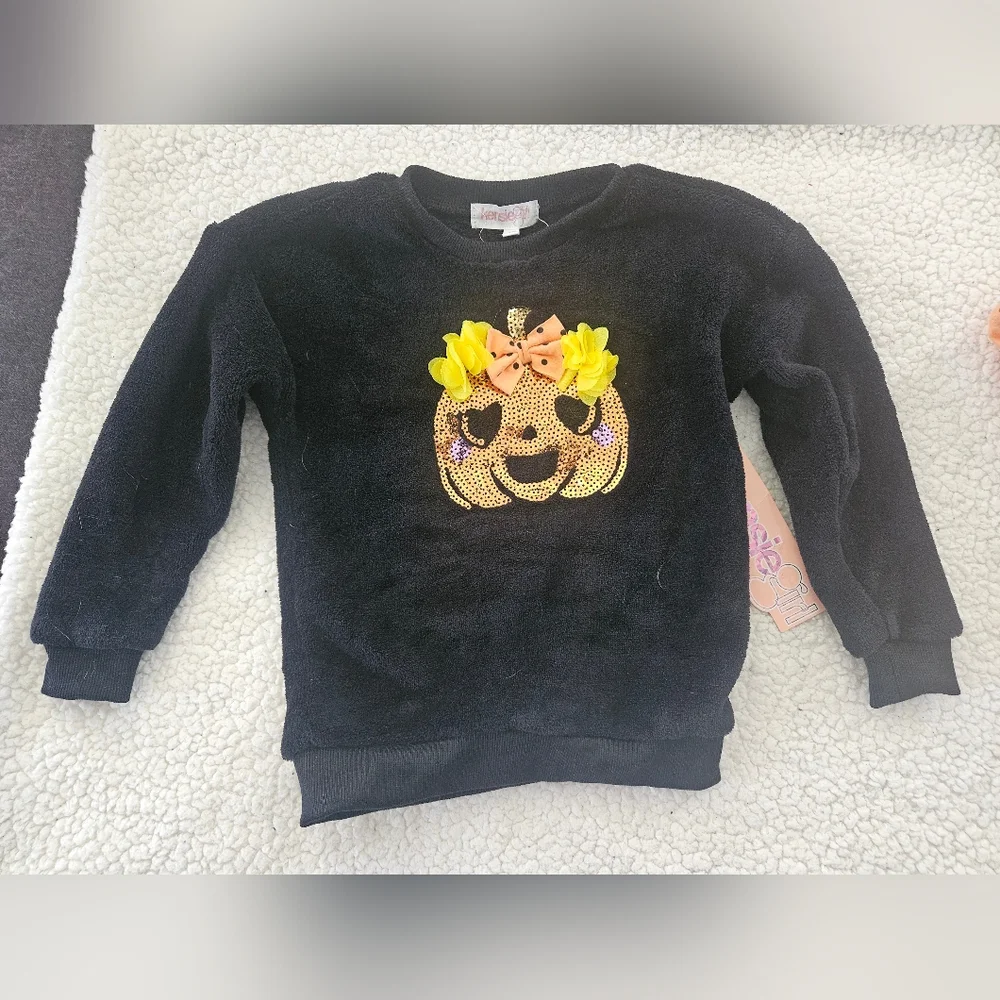 Kensie Girl black pumpkin sweater and orange & black polka dot pants size 4T‎